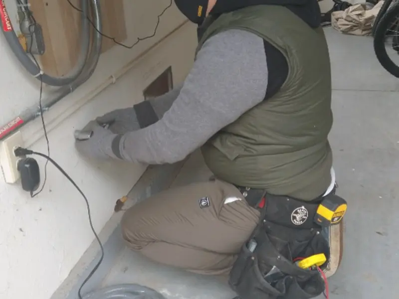 Electrician performing outlet wiring in a Pinecrest garage